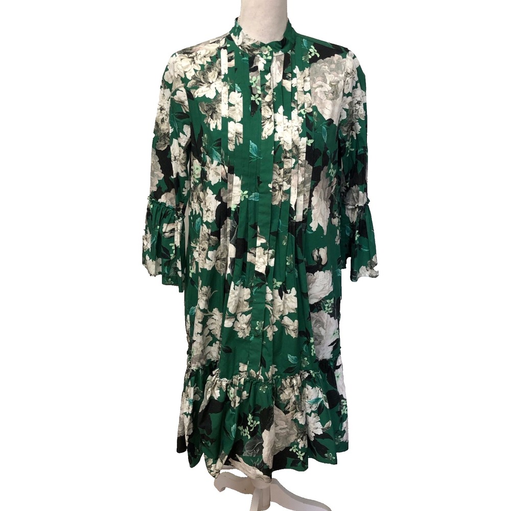 ERDEM A Line Winford‎ Dress Womens 6 Green Floral Pleated 3/4 Sleeve Boho Flowy